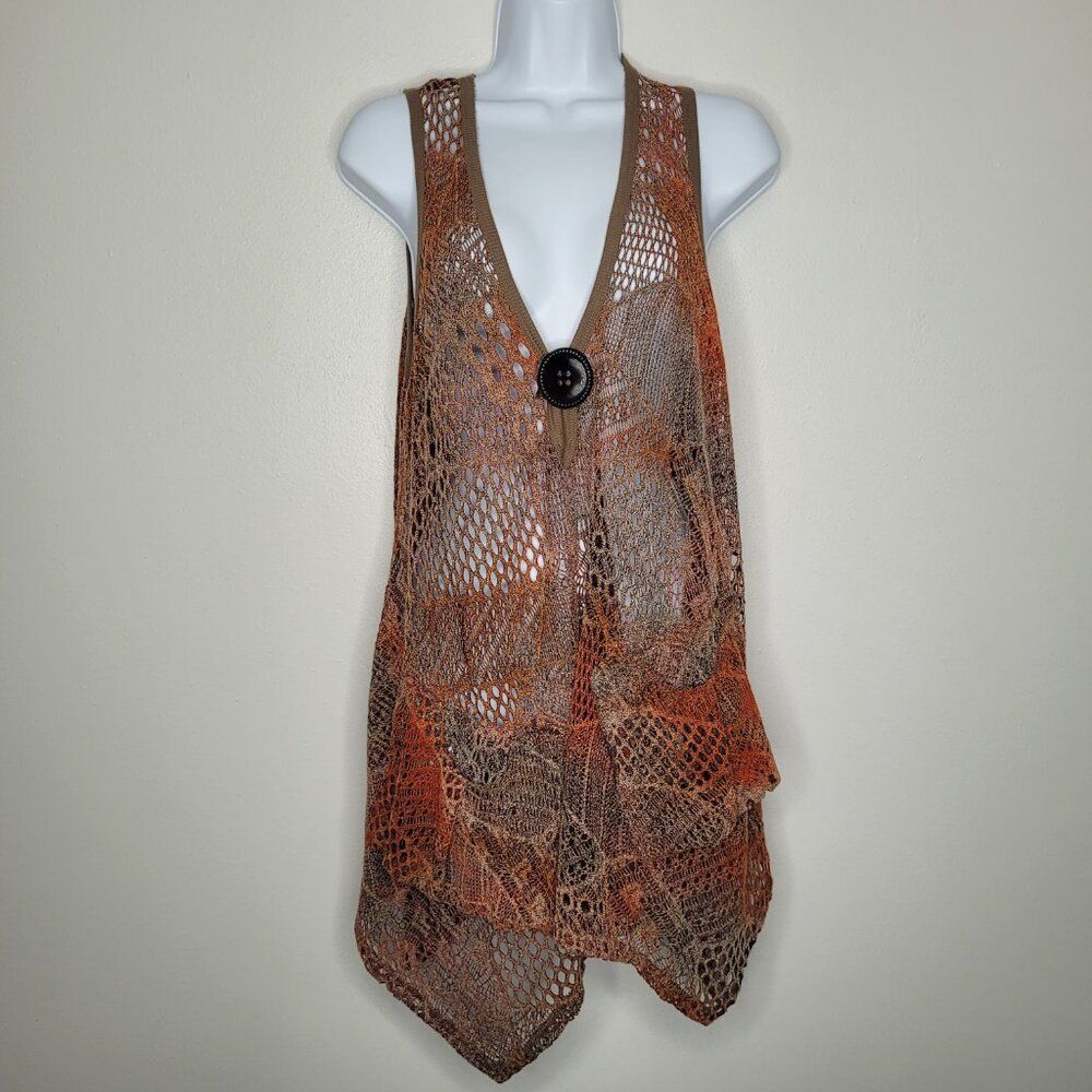 brown orange earthy open knit lagenlook pockets grunge vest top size large